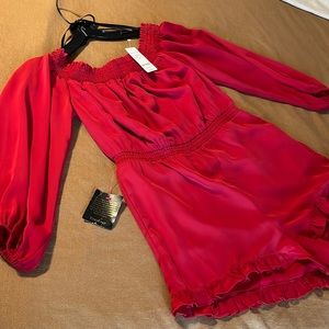 Bebe Red Off the Shoulder Long Sleeve Ruffle Romper